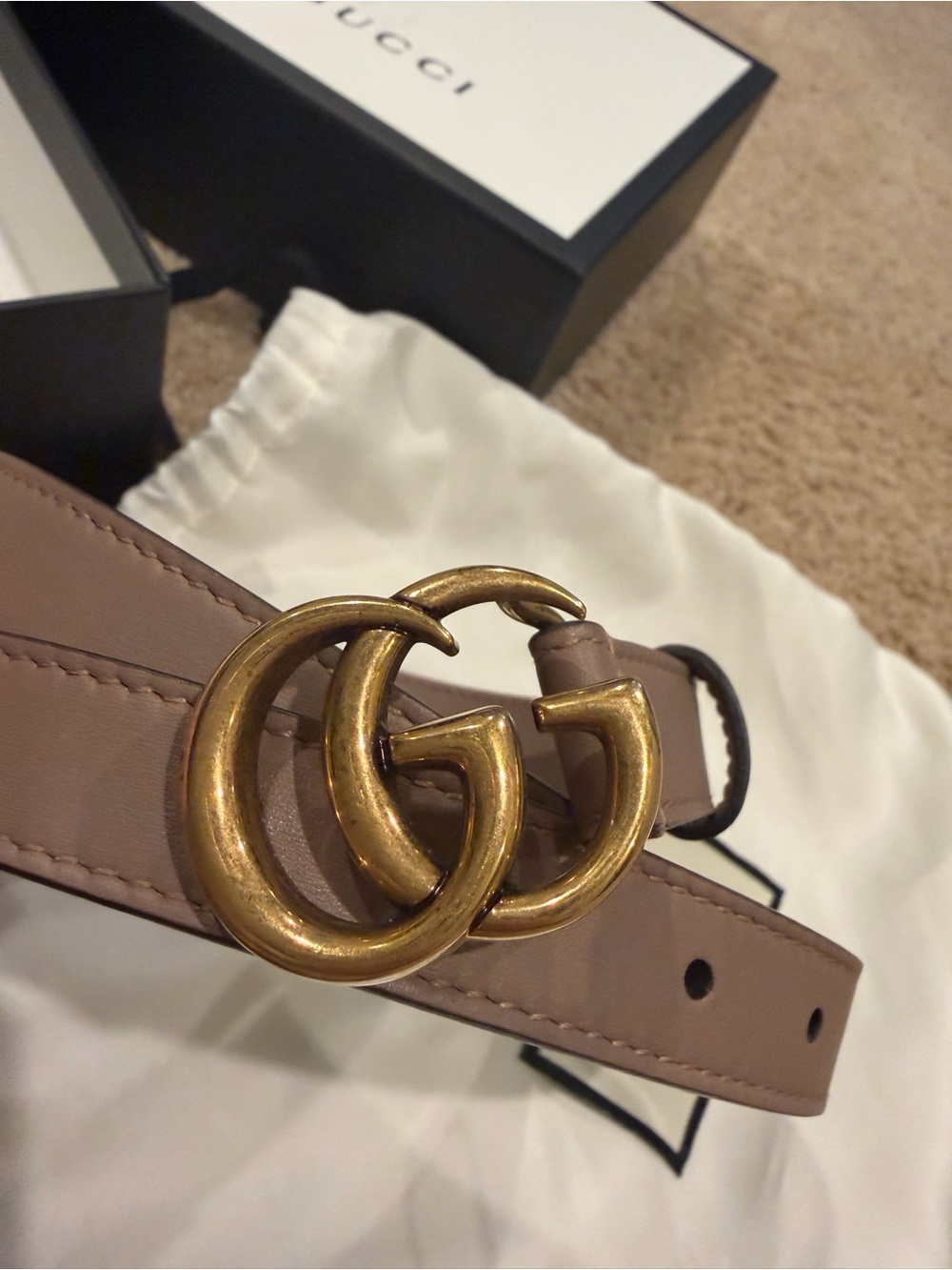 Gucci Belt with Brass Double G Buckle Taupe Leather